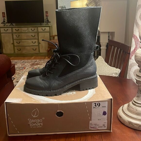 RARE SERGIO TOMANI Ela Leather Black Zip Up & Lace Up Boots w/box - 39